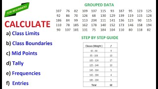 Find Class Limits Class Boundaries Mid Points Tally Frequencies and Entries of Grouped Data [upl. by Prisilla742]