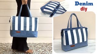 how to sew denim tote bag with zipper from old jeans sewing diy denim tote bag with zipper tutorial [upl. by Letsirc962]