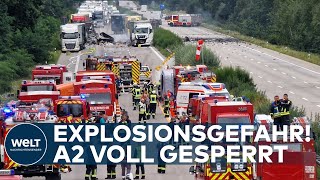 EXPLOSION AUF DER A2 Autobahn gesperrt Zwei Tote nach schweren Auffahrunfall [upl. by Norrab]