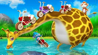 Giant Magical Long Neck Giraffe Ride with Wooden Bikes by Funny Animals  Elephant Monkey Gorilla [upl. by Novyat426]