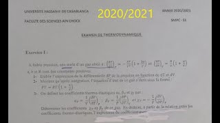 Thermodynamique S1 SMPC Correction de examen 20202021 FSAC [upl. by Ut]