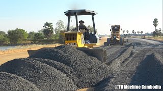 Komatsu Dozer D41P With Motor Grader Spreading Gravel On Road អាប៊ុលរុញថ្មមិចធ្វើផ្លូវ [upl. by Nagn746]