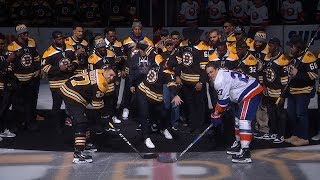 Julian Edelman spikes ceremonial puck as Bruins honor Patriots for Super Bowl title [upl. by Idoj]