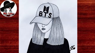 Easy BTS Drawing  How to draw a girl with BTS cap  BTS girl drawing [upl. by Fanning]