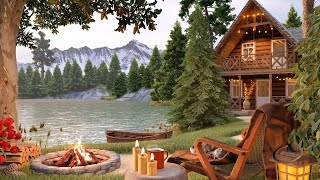 Cozy Mountain Cabin by the Lake Ambience with Campfire Lake Waves and Relaxing Summer Forest Sounds [upl. by Eirolam]