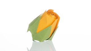 Origami Pentagon Rosebud With Calyx  Flower 🌹 By Naomiki Sato 摺紙 五角玫瑰花蕾 折り紙 バラ [upl. by Birk]