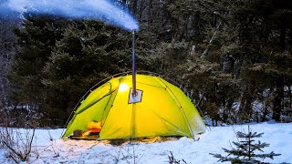 Hot Tent Camping In Snow And Rain [upl. by Enelloc]