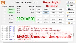 Solved XAMPP MySQL Shut Down Unexpectedly  Repair the Corrupted MySQL Database [upl. by Jelle]