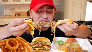 Cheeseburger Onion Rings Cheesy Quesadilla MUKBANG [upl. by Anilrahc645]