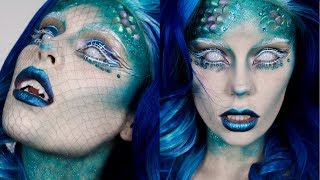 Mermaid Halloween Makeup  Easy Fish Scale Prosthetics amp Fangs Tutorial [upl. by Ahcatan]