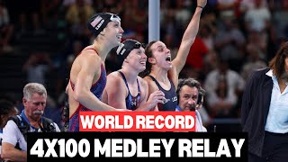 USA SMASHES World Record to Claim Gold in Women’s 4x100 Medley Relay at Paris Olympics [upl. by Karlyn]