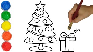 Christmas Tree Drawing Coloring for Kids Toddlers  Lets Draw and Paint [upl. by Teirtza]