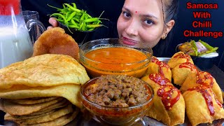 Eating Spicy🔥 Green Chilli Samosa Chole Bhature Aloo Ki Sabji Bedmi Puri  Indian Street Food [upl. by Nuahsal]