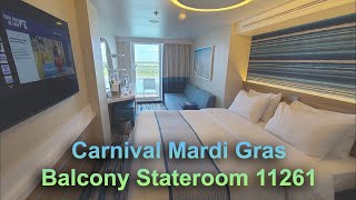 Cabin 11261 Balcony stateroom tour deck 11  Carnival Mardi Gras cruise [upl. by Aifas368]