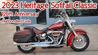 Heritage Softail Classic 2023 120th Anniversary Heirloom Red Fade Walkaround Close up details [upl. by Ettelloc]