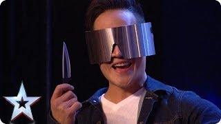 DANGER ALERT Blindfolded magician THROWS A KNIFE at Dec  Auditions  BGT 2018 [upl. by Artemed]