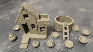 Design DIY clay house 🏠 making  mini clay kitchen set amp water well  mitti ka ghar kese banaye [upl. by Akiehsat]