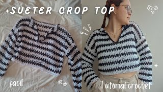 ✨️SUETERCROP TOP tejido a CROCHET super fácil de rayas 🤍🖤 TUTORIAL PUNTO V [upl. by Ferneau]