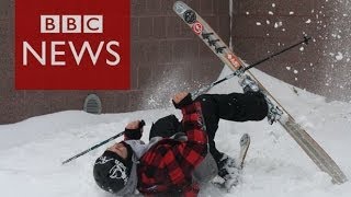 Urban skiing craze Taking on rooftops amp railings in Minnesota  BBC News [upl. by Llevad]