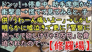 【修羅場】ドンッ！→停車中、助手席側から衝撃音→慌てて見てみると、子供「うわーん痛いよー」→しかし明らかに嘘泣きで更に「警察に黙ってて欲しけりゃ３万円」と脅迫されたので…【痛快・スカッとジャパン】 [upl. by Herwin931]