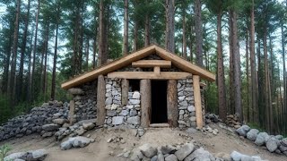 I built a stone and wood survival bushcraft shelter in the forest [upl. by Dnalel]