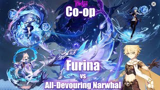 Random coop Furina Kokomi Ganyu amp Aether vs AllDevouring Narwhal [upl. by Tnilc732]