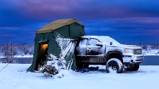 Camping In Snow Storm With Rooftop Tent And Diesel Heater [upl. by Ahseret]