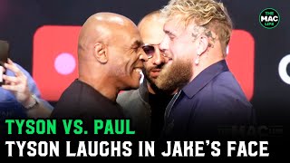 Mike Tyson vs Jake Paul Tyson Laughs In Jakes Face  Face Off [upl. by Bil]