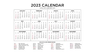 Year 2023 Calendar Printable with Holidays  Wiki Calendar [upl. by Eirehc]