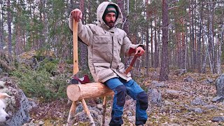 Bushcraft trip  Making bench Swedish Axe Meat and swedish firetorch [upl. by Lletnahc]