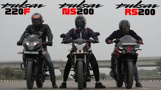 Bajaj Pulsar RS200 vs Pulsar 220F vs Pulsar NS200 Drag Race [upl. by Leribag]