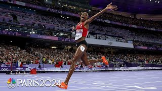 Winfred Yavi JUMPS FOR JOY after winning womens 3000m steeplechase gold  Paris Olympics [upl. by Cleveland]