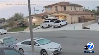 Video shows car go airborne before crashing into Jurupa Valley garage [upl. by Vedetta]