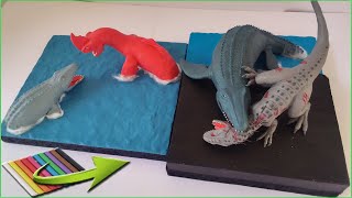 MOSASAURUS VS INDOMINUS REX amp RED BLUSTER WITH CLAYPLASTILINA [upl. by Arorua]