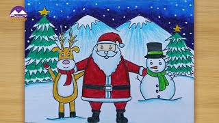 How to draw scenery santa snowman and deer meery Christmas drawing  very easy and simple [upl. by Esmerelda167]