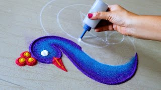 Easy Peacock Rangoli Design For Diwali  Deepavali Rangoli Designs  Peacock Kolam Design  Muggulu [upl. by Moya306]