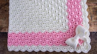 🥰 Crochet Shell Stitch Baby Blanket in the Round 🎀 PRETTY Giant Granny Square Pattern [upl. by Sharleen]