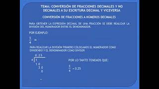 CONVERSIÓN DE FRACCIONES DECIMALES Y NO DECIMALES A SU ESCRITURA DECIMAL Y VICEVERSA TEMA 1 [upl. by Rhyne298]