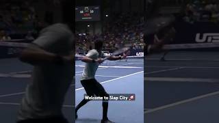 Gaël Monfils Insane return winner and dancing skills at the ultimatetennisshowdown1774 tennis [upl. by Delanos540]