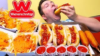 Chili Cheese Fries Cheesy Corn Dogs Chili Cheese Hot Dogs • MUKBANG [upl. by Bridgette]